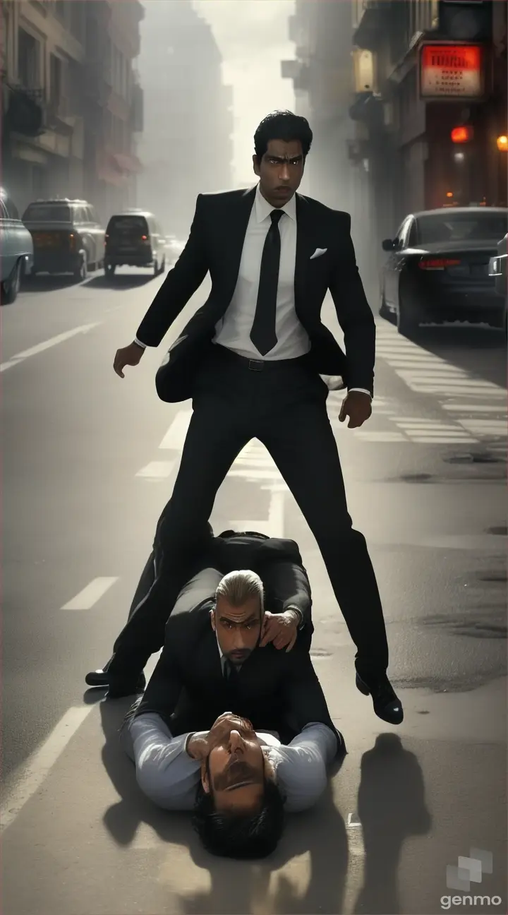 The tall man dropping Amit's brother to the ground after noticing Amit approaching.