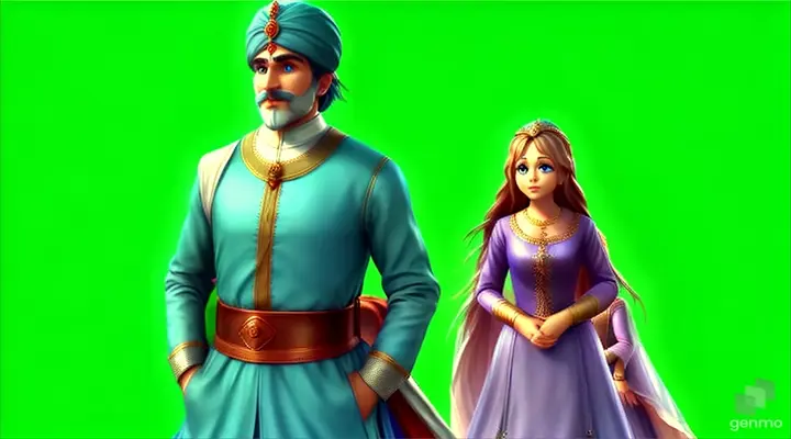 a man and a woman dressed in medieval clothing,The king is blinking and his clothes are slowly blowing in the wind, the hair and clothes of the girl standing behind the king are slowly blowing in the wind..8k, hdr, pixar style, cinema 4d,