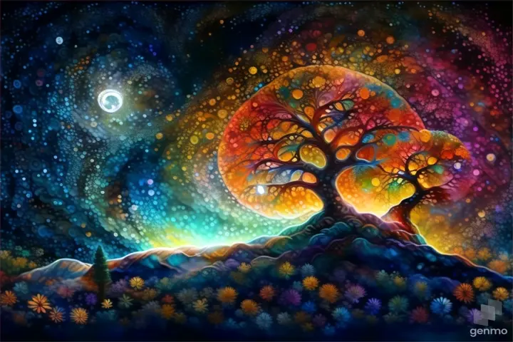 a painting of a tree with a full moon in the background