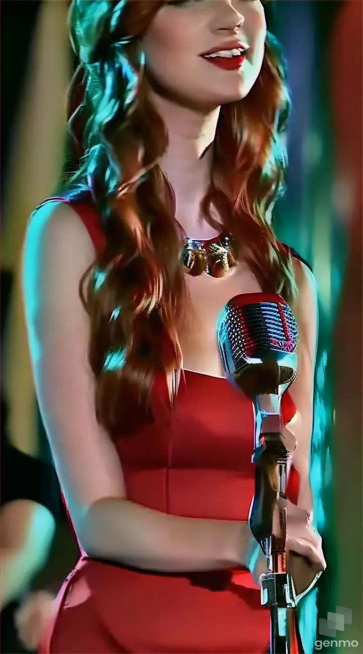 a woman in a red dress holding a microphone sings a well-known song and the audience throws roses on stage as a sign of admiration, while some applaud