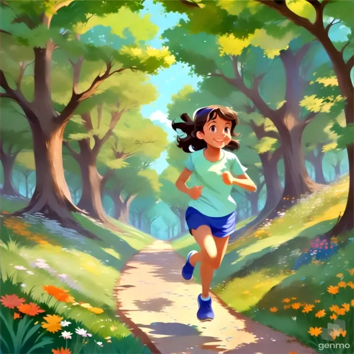 a girl running down a path through a forest