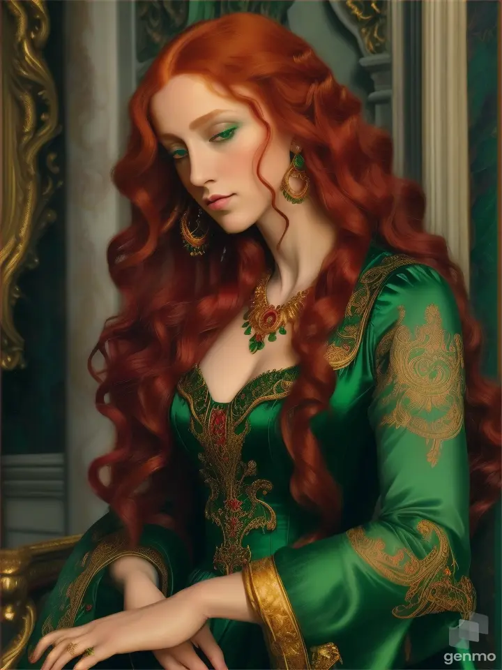 Portrait of a special woman with long curly red hair. She wears a flowing emerald green dress with intricate gold patterns. The portrait is made in the Baroque style. Canvas, oil --ar 4:5