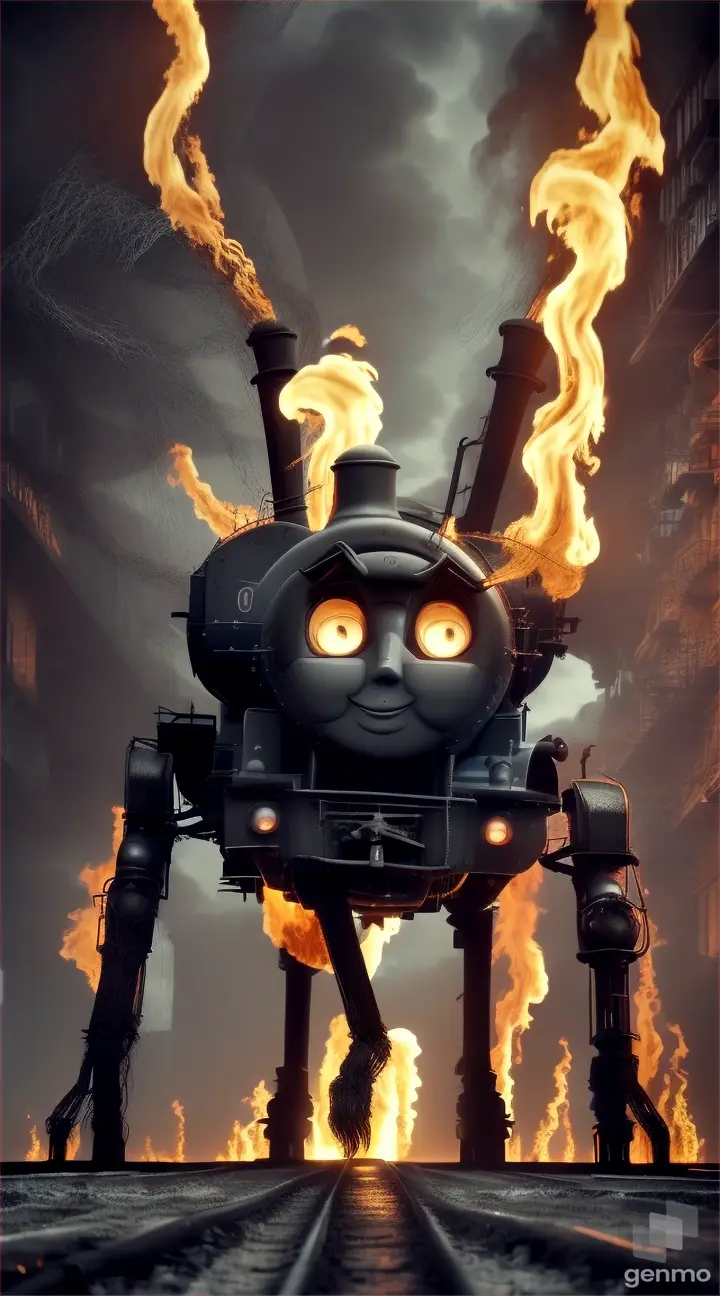 “create a masterpiece video of a Creepy Thomas the train (with giant SPIDER LEGS) near sea, flames, long hair on Thomas the train”