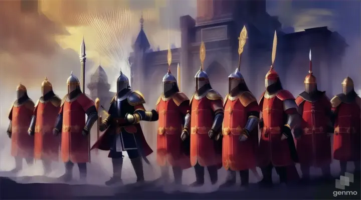 a group of knights standing next to each other GIVE MOTION TO IMAGE