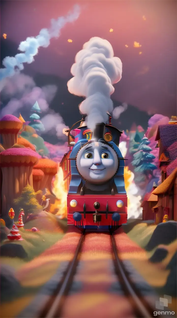 “Create a THOMAS THE TRAIN with SHARP TEETH, bull HORNS,FIRE & SMOKE in candy land”
Seed: 3535567365