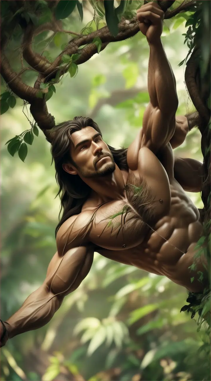 A muscular man with long hair, wearing a loincloth, swings from a vine in a dense jungle with tall trees and sunlight filtering through the leaves.