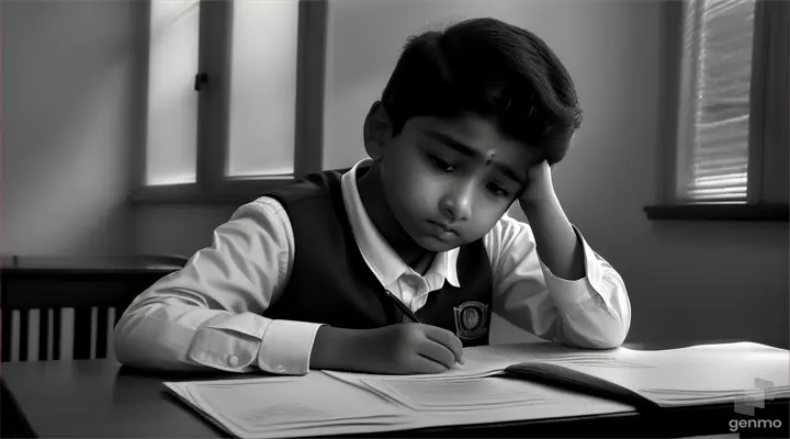 Anshul A YOUNG BOY taking an exam at school, looking disappointed with his exam results.