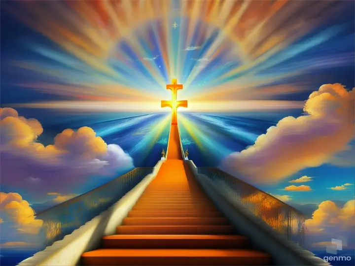 orange and blue christian backround stairway to heaven with a beautiful cross with blues clouds