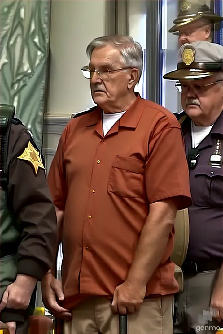 an arrested elderly man standing next to police officers