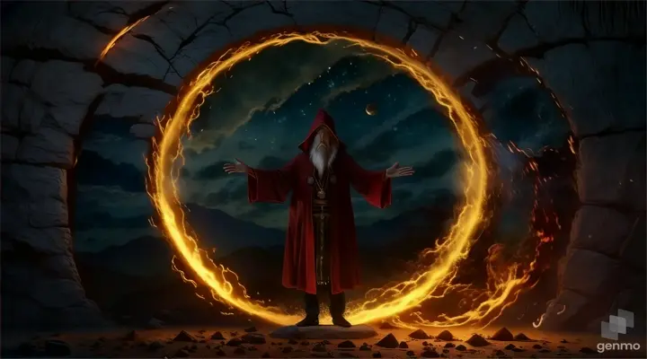 a wizard standing in front of a circle of fire