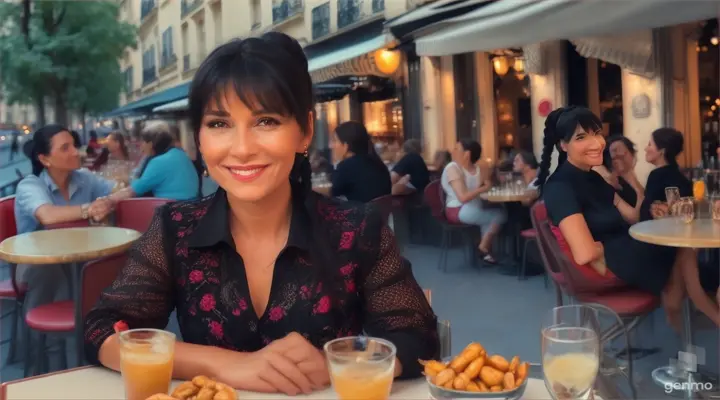 une belle femme de 40 ans, souriante, aux cheveux noirs et aux yeux verts clairs, avec une frange sur le front et une queue de cheval, mange des cacahuètes à une terrasse de bar à Paris.