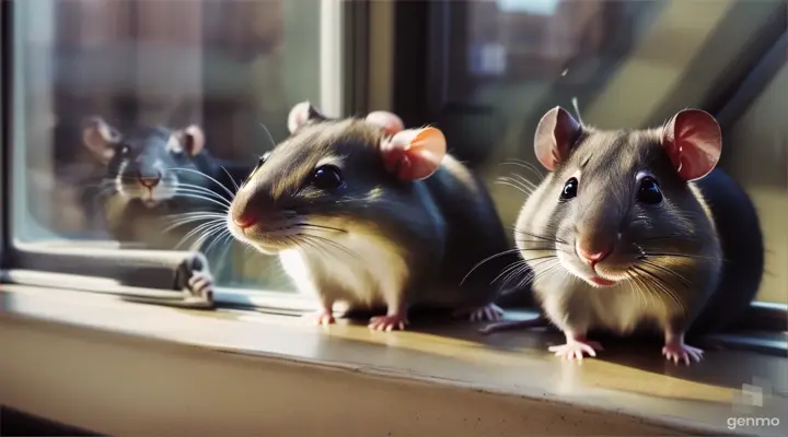 two rats were sitting on the window with heads inside the room and one rat was dead 