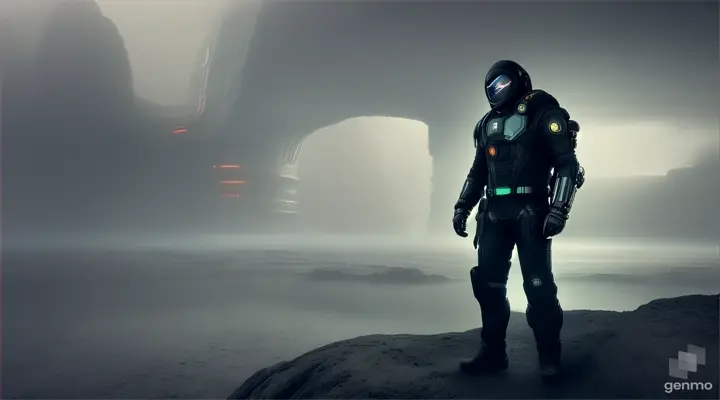 
In a desert world of ruined columns and alien mountains shrouded in thick fog and covered in thunderstorms, a man dressed in a tight-fitting black futuristic spacesuit looks around, startled by a distant cry.