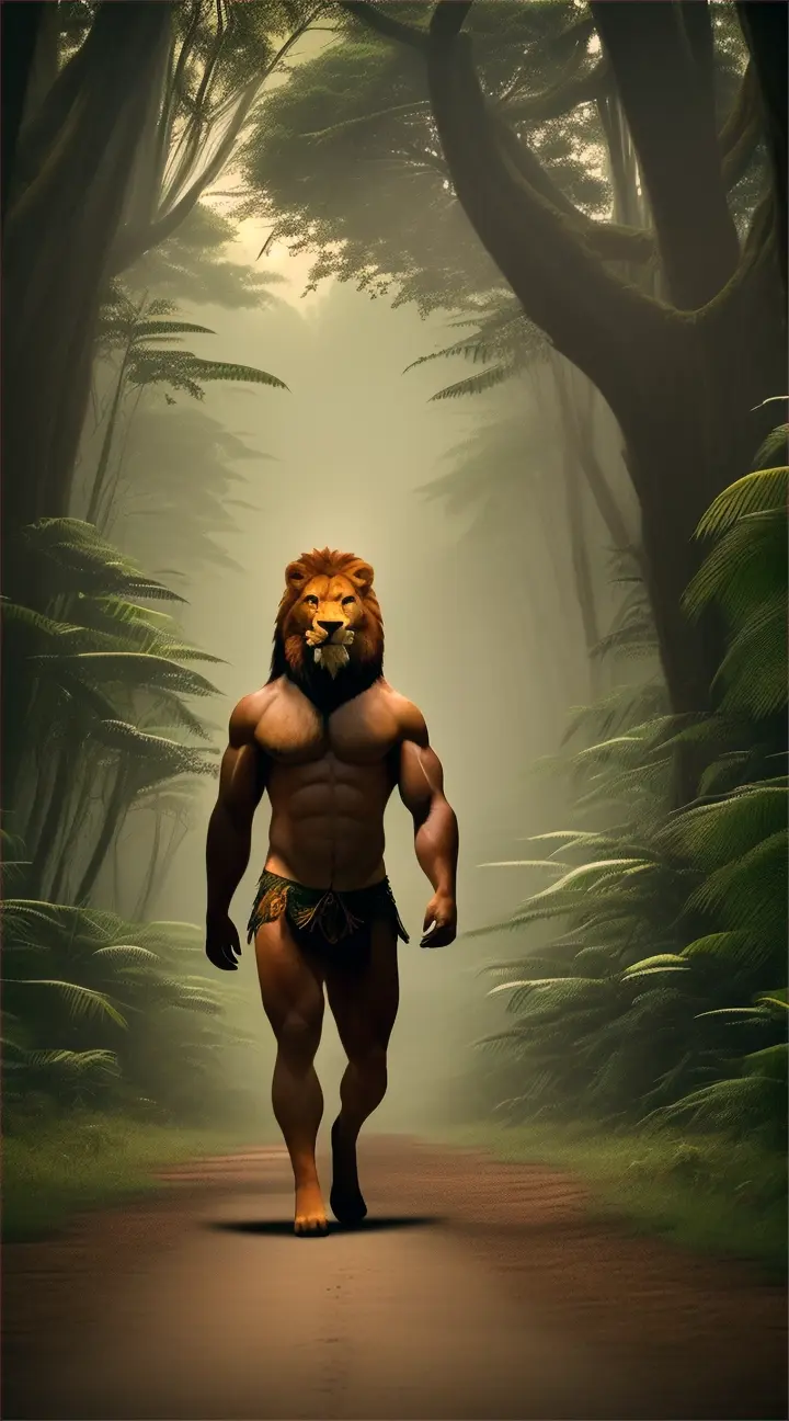 A large lion walking back into a dense jungle, its form disappearing among the trees. A muscular man with long hair and a loincloth watches, with a sense of calm and friendship in the air.