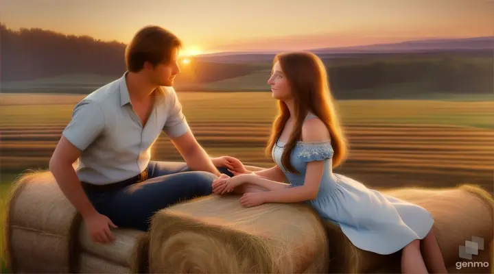 a painting of a couple sitting on a hay bale. aspect ratio 16:9