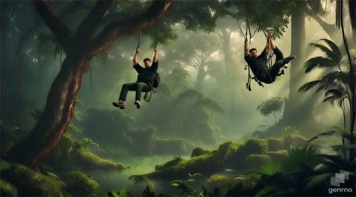hombres colgando de las ramas de la espesa selva arrastrados por las lianas de los arboles
