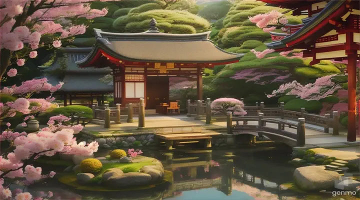 A peaceful Japanese tea garden in anime style:A tranquil Japanese tea garden with a winding stone path leading through lush greenery and blooming cherry blossom trees.A traditional wooden tea house with sliding shoji doors, surrounded by a serene koi pond filled with brightly colored koi fish.Delicate stone lanterns placed along the path, casting soft glows as the sun sets.Anime-style characters, dressed in elegant kimonos, enjoying tea on a tatami mat under a cherry blossom tree.A gentle stream with a small wooden bridge arching over it, water flowing quietly beneath.Birds with expressive eyes perched on branches, and a couple of butterflies fluttering around.The sky painted with the soft pastels of the setting sun, creating a warm and serene atmosphere.The entire scene bathed in a soft, golden light, giving it a magical and dreamlike quality, highly detailed 16:9