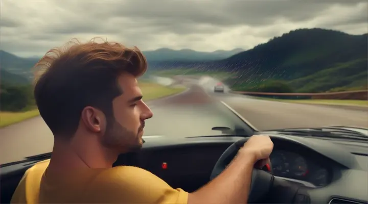 The man driving a convertible with the top down, wind blowing through their hair, scenic road views.