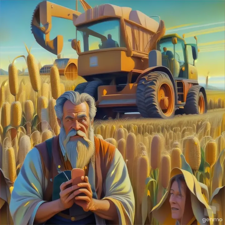 a painting of a man standing in a field of corn