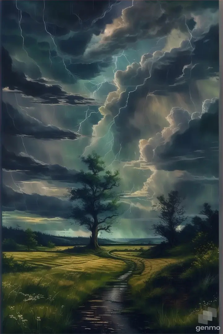 a painting of a storm in the sky over a field