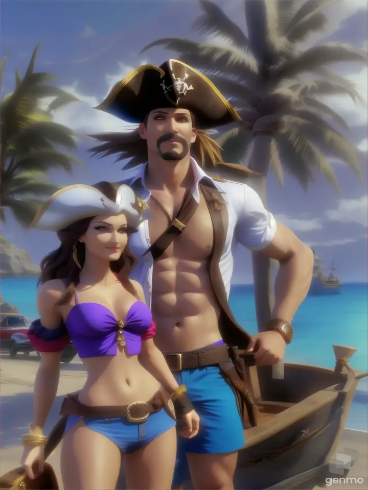 a pretty woman pirate and a dangerous looking man pirate on a beach with palm trees