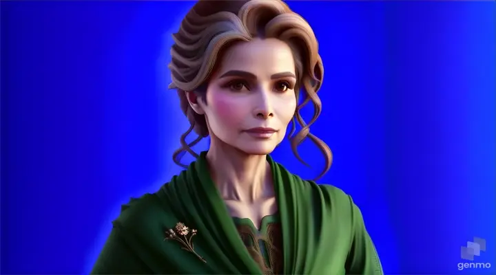 a woman in a green dress with a blue background, woman eyes blinking, woman hair blowing in wind .8k, hdr, pixar style, cinema 4d,