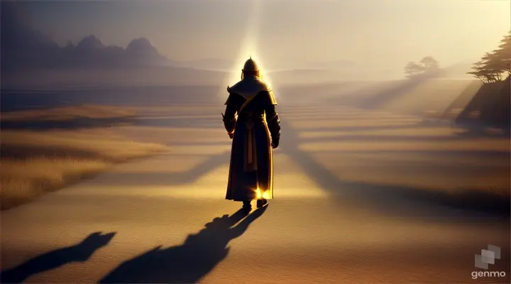 Righteous Path: Show the servant walking on a righteous path illuminated by light.