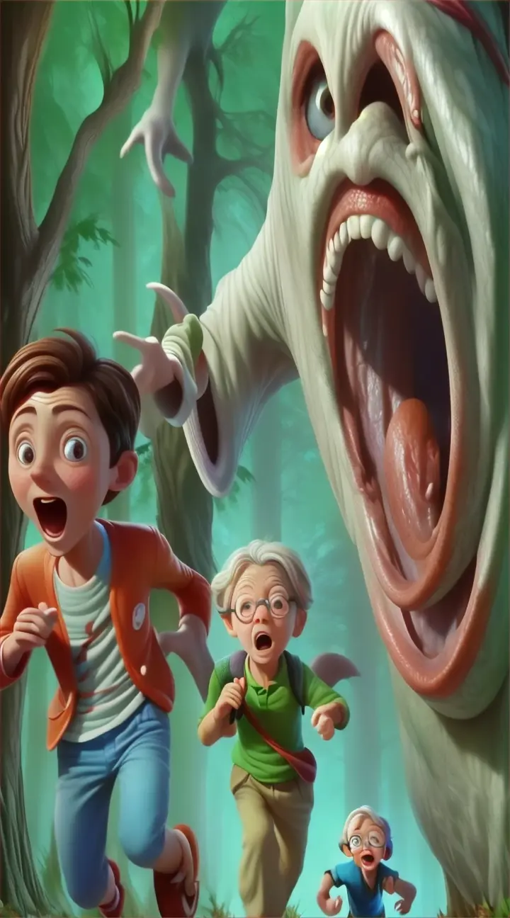 a young boy ang old woman running away from a giant ghost (fantasy style)