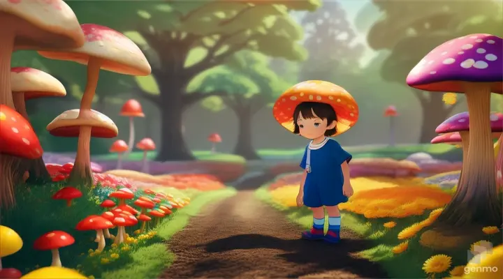 4 year kid  animated  in mushroom gardens 