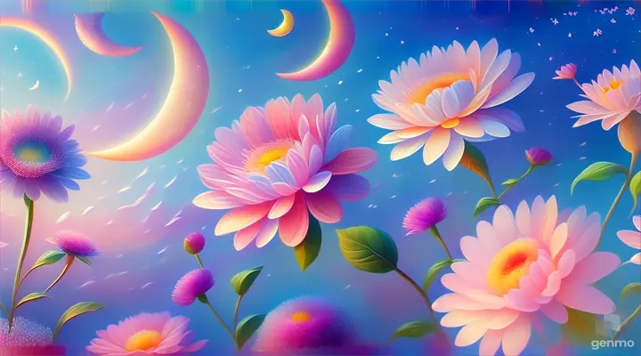 a painting of flowers and a crescent moon