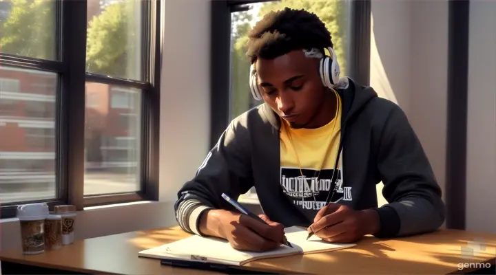 black African American manly male in his 20s, a hood street wear, with headphones drawing in a notepad while in the window of his bedroom