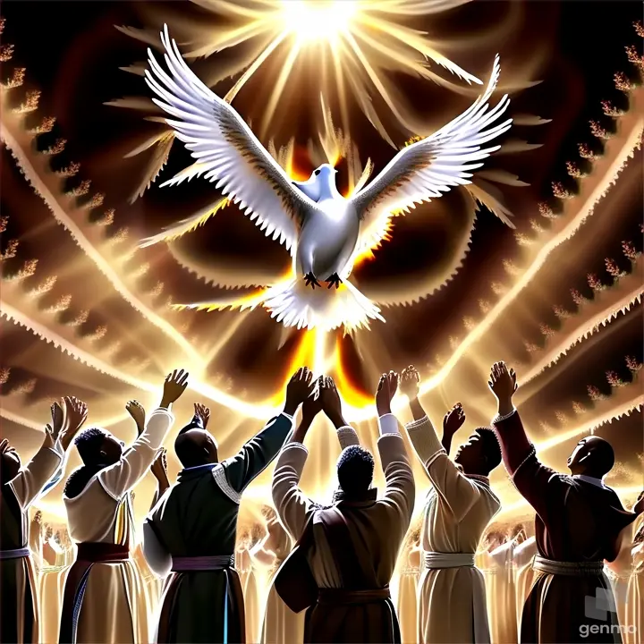 a group of people with their hands in the air with a dove above them