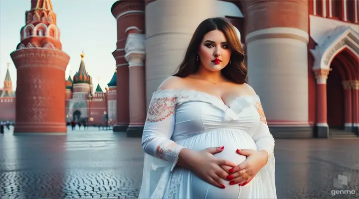 beautiful pragnent Russian woman plus size, Long hair,Stunning white off shoulder long sleeves Robes, tattoos, posing for a picture in Red square Moscow 