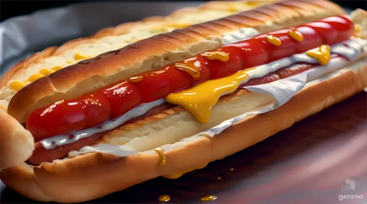 Super macro photography. Photorealistic image of a French hot dog. A long sausage is inserted vertically into a cylindrical hole that is drilled from the top into the center of a crispy baguette. The baguette is slightly toasted, crispy on the outside, and soft on the inside. The sausage protrudes from the top of the baguette, with visible sauces like mustard, ketchup, and mayonnaise around the opening. The hot dog is wrapped in a crinkled paper wrapper. Background is blurred but detailed, providing depth. Super detailed, photorealistic, precise details. --ar 16:9