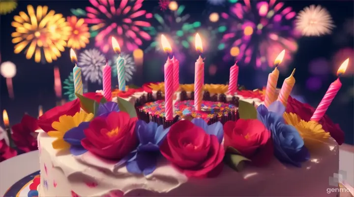 Bouquet of flowers, cake, birthday, fireworks