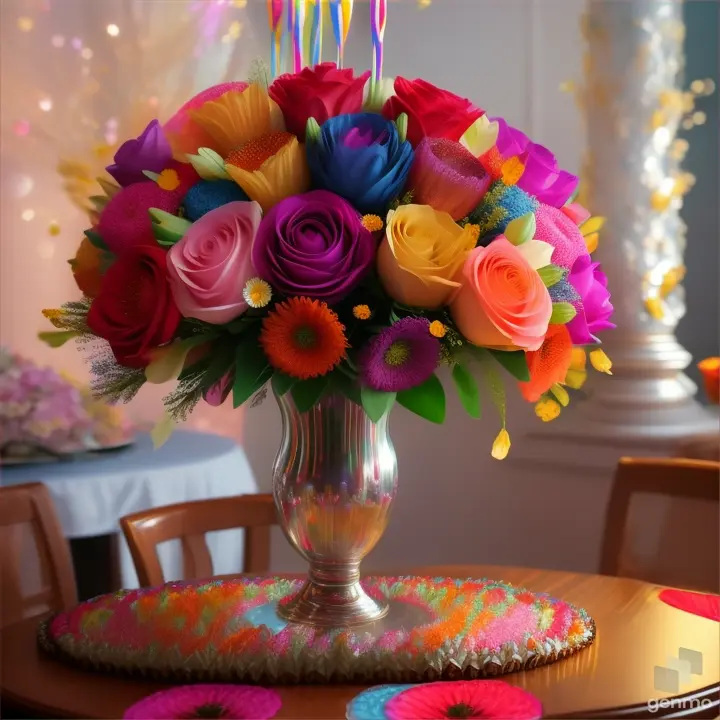 Bouquet of flowers, rotating cake, balloons, fireworks