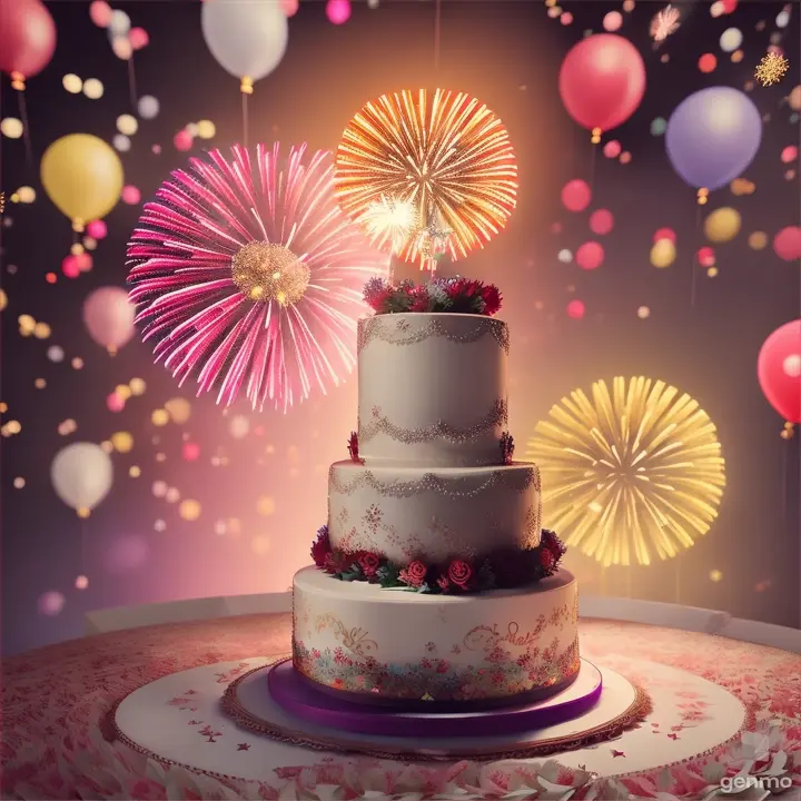 Bouquet of flowers, rotating cake, flying balloons, fireworks