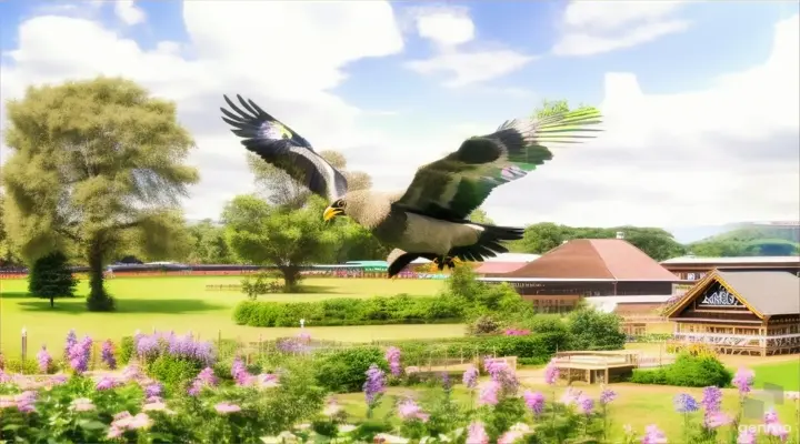 a large bird flying over a lush green field