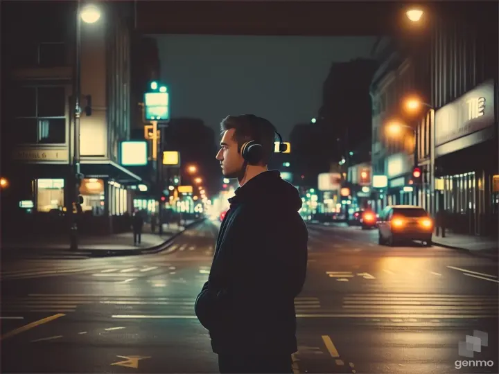 A solitary person with headphones bobbing their head in a melancholic urban setting