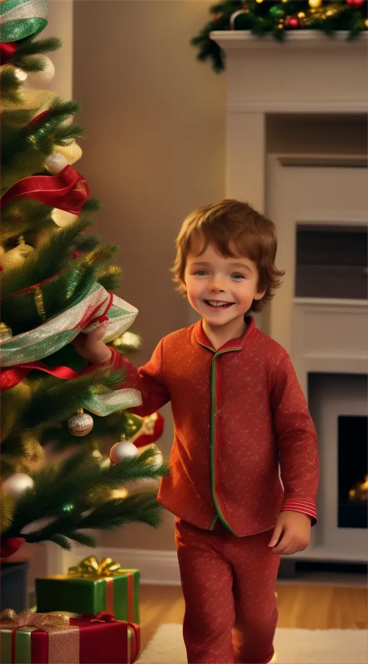 A warmly decorated living room with a sparkling Christmas tree in the corner. A few wrapped presents lie under the tree. little boy, in his pajamas, runs towards his smiling parents, who are standing near the tree.