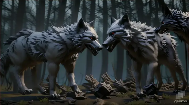 two black wolfs facing each other in a forest