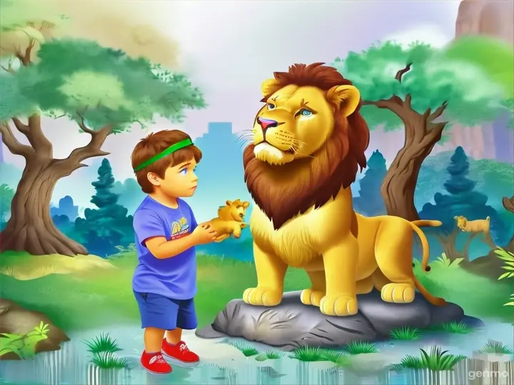 a little boy standing next to a statue of a lion