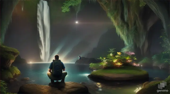 Man kneels by an enchanted waterfall under a starry night sky