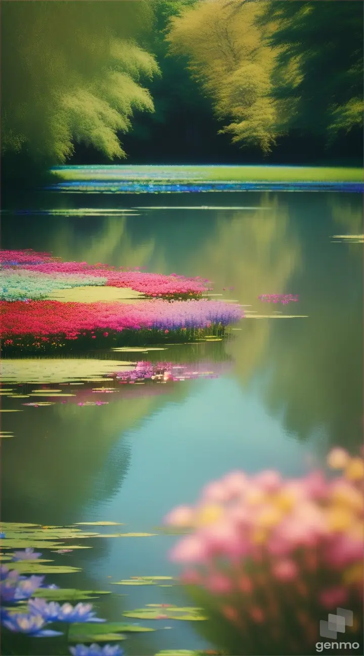 Colorful flowers swaying in the breeze alongside a beautiful blue pond in the wilds