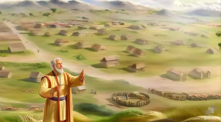 a painting of a man standing in front of a village