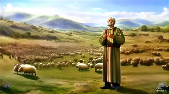  a man standing in front of a herd of sheep