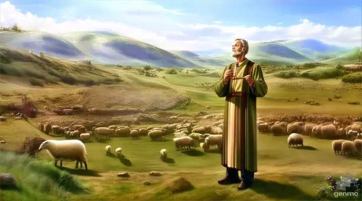  a man standing in front of a herd of sheep