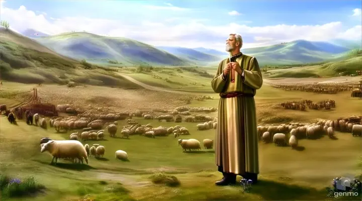  a man standing in front of a herd of sheep