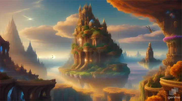 Fantasy city floating in the sky, dreamy cloudscape, digital fantasy art with a brown beautiful queen as a inverted tree butterfly effect Jacobs ladder time cycle