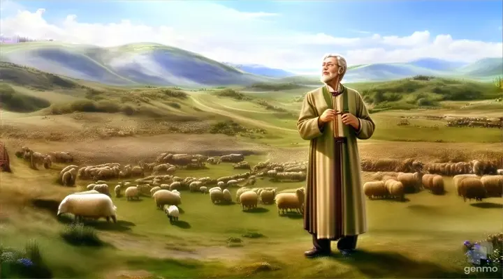  a man standing in front of a herd of sheep give natural effect